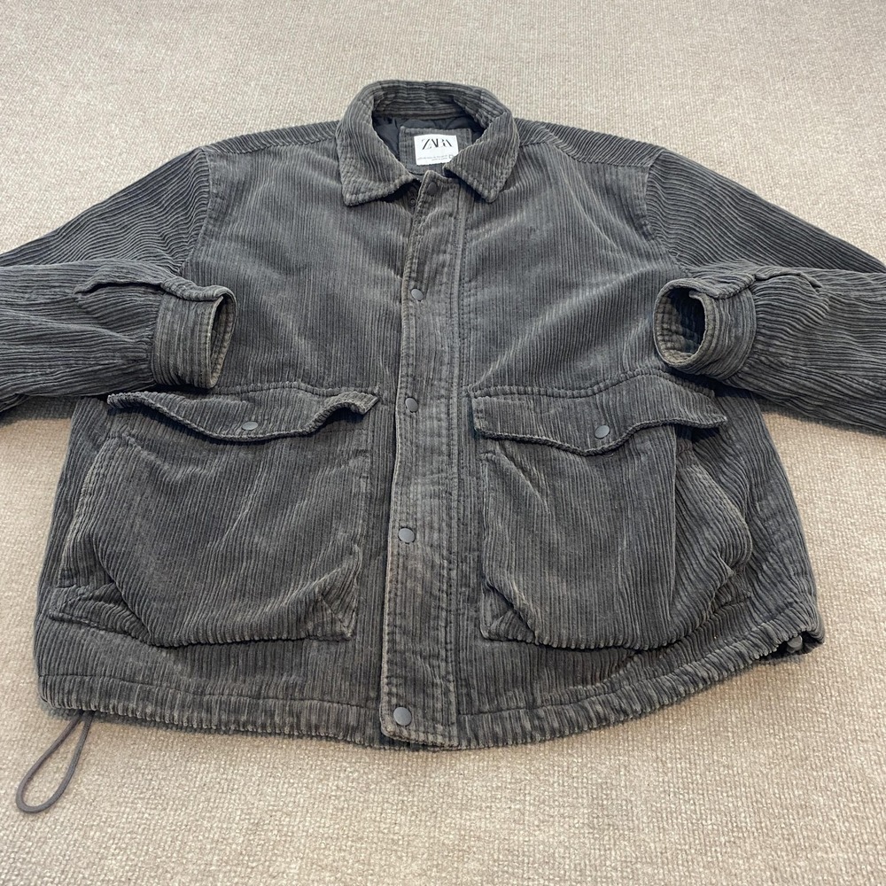 Zara Jacket Mens L XL Gray Corduroy Quilted Lined Full Zip Pockets Padded Winter